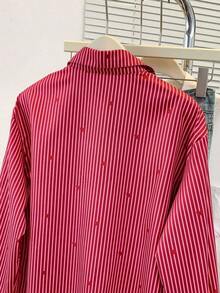 Blusa de mujer con cuello polo, estampado de corazones y rayas - Camisa casual de manga larga con botones, adecuada para uso diario en primavera, verano y otoño - Burdeos - Ver 7