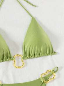 Vaytide Set de 3 piezas: Bikini de tela brillante de unicolor con diseño de aro de metal asimétrico + Vestido de malla larga tipo capa para la playa, traje de baño de resort vacacional para mujer - Verde - Ver 6