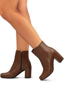 Bota Feminina Confortável Salto Alto Grosso Coturno Bico Quadrado Macia Zíper Botinha Blogueira Lumiss - Caramelo - Visão 3