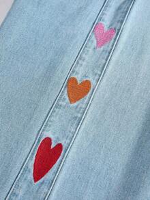 Jeans casuales de pierna ancha con cintura elástica, bolsillo en diagonal y bordado de corazón para mujer - Azul 4 - Ver 5
