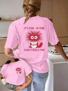 Camiseta de mujer manga corta con estampado doble de café, estilo casual, cuello redondo - rosa intenso - Ver 6