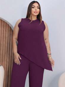 conjunto feminino plus size camisa casual de cor sólida com bainha assimétrica sem mangas e calça perna larga com bolsos de duna - Púrpura - Visão 2