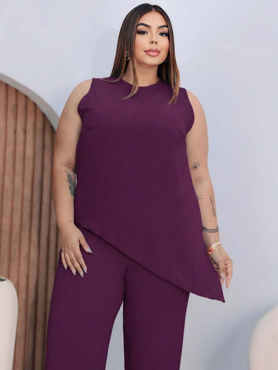 conjunto feminino plus size camisa casual de cor sólida com bainha assimétrica sem mangas e calça perna larga com bolsos de duna