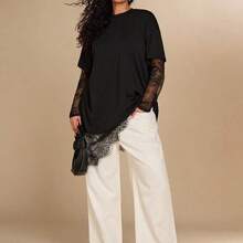 Plus Size Women's Black Short Sleeve Lace Patchwork Top, Spring & Summer Outfit Women's Casual Solid Color Asymmetrical Hem Lace Patchwork T-Shirt, Basic Everyday Wear, Spring/Summer Casual Top For Women Vacation Outfits Women Summer Holiday Outfits Holiday Outfits For Women Vacation Outfits For Women Summer Outfits Summer Outfits For Women Spring Outfit Women Spring Break Outfits Beach Dress Beach Outfits For Women Beach Outfit For Women Casual Blouses For Women Going Out Top Going Ou - Negro - Ver 7