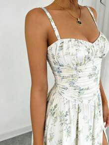Floral Print Bohemian Twist High Slit Zipper Front Dress, Suitable For Wedding, Spring/Summer Vacation - Blue and White - View 3