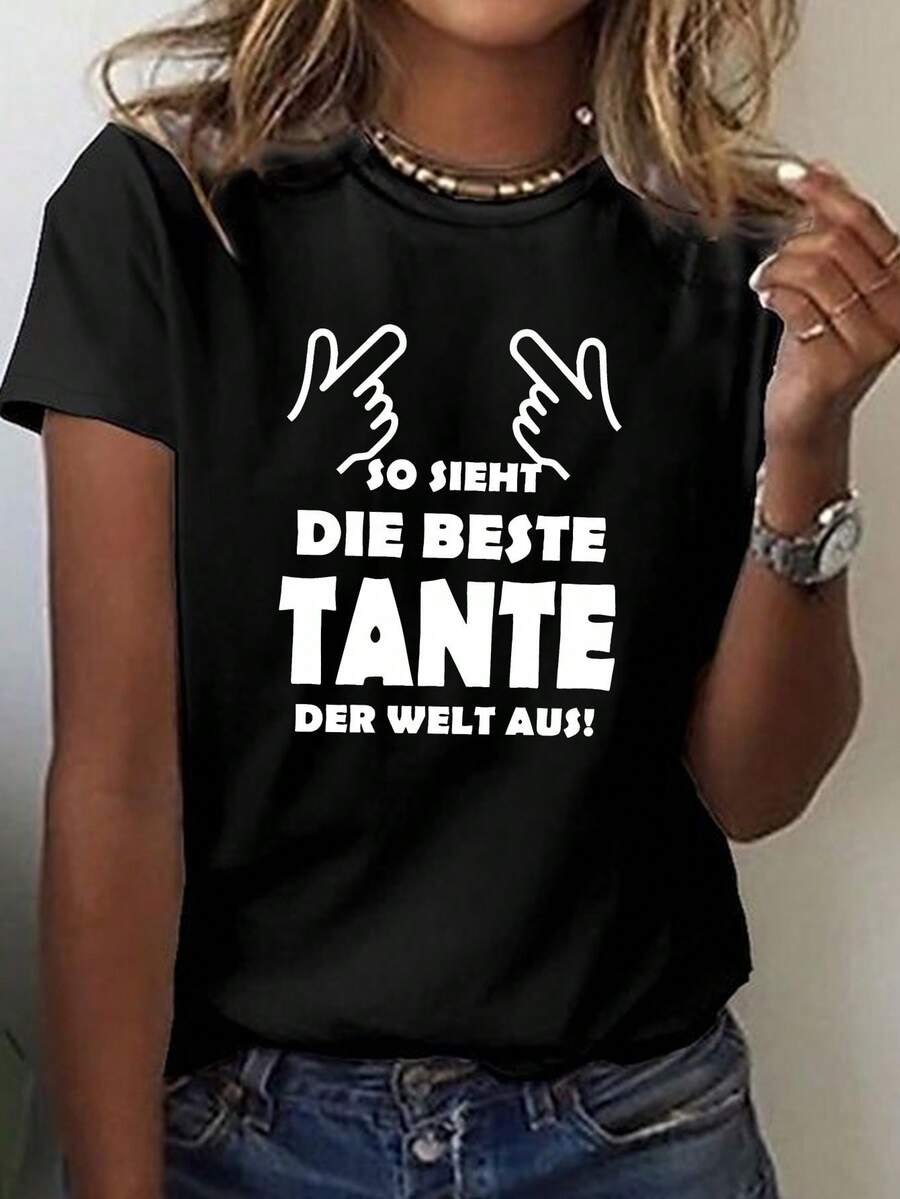 Camiseta de manga corta con cuello redondo y estampado divertido de estilo alemán, de algodón puro para mujer, diseñada para primavera y verano, muy adecuada. - Negro - Ver 1