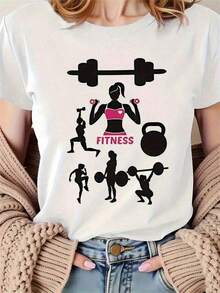 1 pieza de camiseta gráfica para entusiastas del fitness femenino - Top transpirable y elástico con cuello redondo, con diseño de mancuerna y pesa rusa, suave para entrenamientos en todas las estaciones y uso casual, ajuste cómodo para gimnasio y ocio. - Blanco - Ver 7