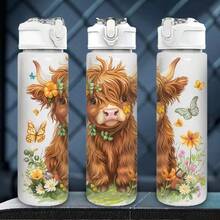 1pc/5pcs 750ml Bohemian Highland Cow Floral Print Water Bottle - Reusable Travel Cup, Portable Sports Water Bottle, Leak-Proof Travel Cup, Fashionable Daily Drinking Bottle, Cute Animal And Wildflower Pattern Cute Style Farm Ranch Iced Coffee - Brown-bohemian Highland Cattle - View 4
