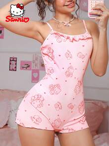 SANRIO Bộ đồ ngủ Hello Kitty dành cho nữ, cổ chữ V, phối ren, mùa xuân/hè, đồ mặc nhà, đồ thường ngày, áo liền quần. - Hồng - Xem 2