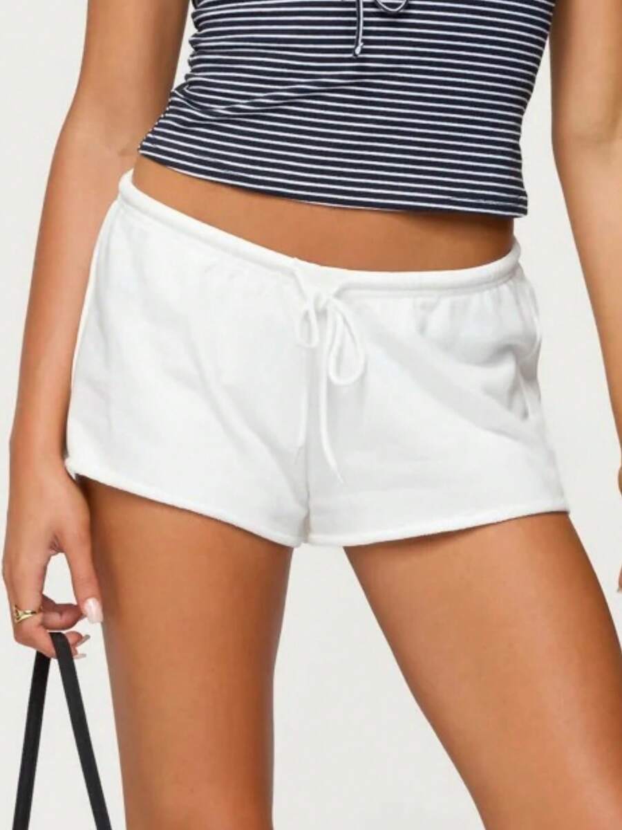 Women's Summer Drawstring Shorts Solid Color Low Waist Casual Breathable Short Pants - White - View 1