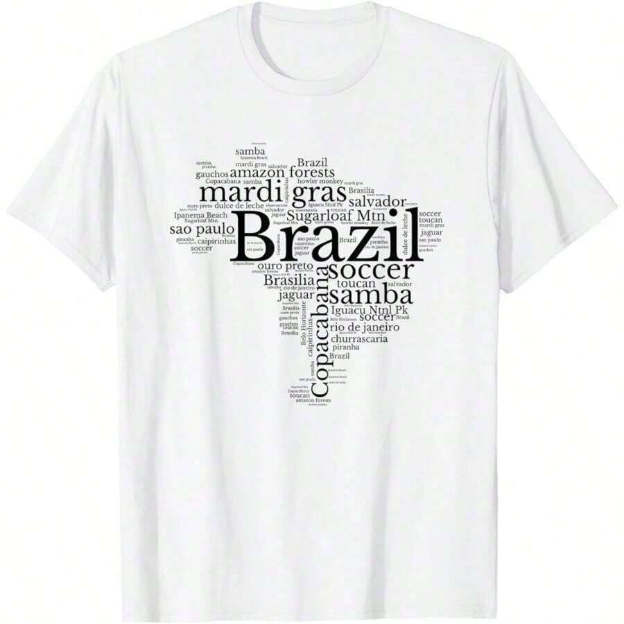 1 Piece T-Shirt With Map Of Brazil, Brazilian Football, Copacabana, Brazil, For Men And Women - Casual Crew Neck, Short Sleeves, Perfect For Spring And Summer, Ideal For Christmas. 210g 100% Cotton, Designs Are Printed. Unisex. - 白色 - 查看 1