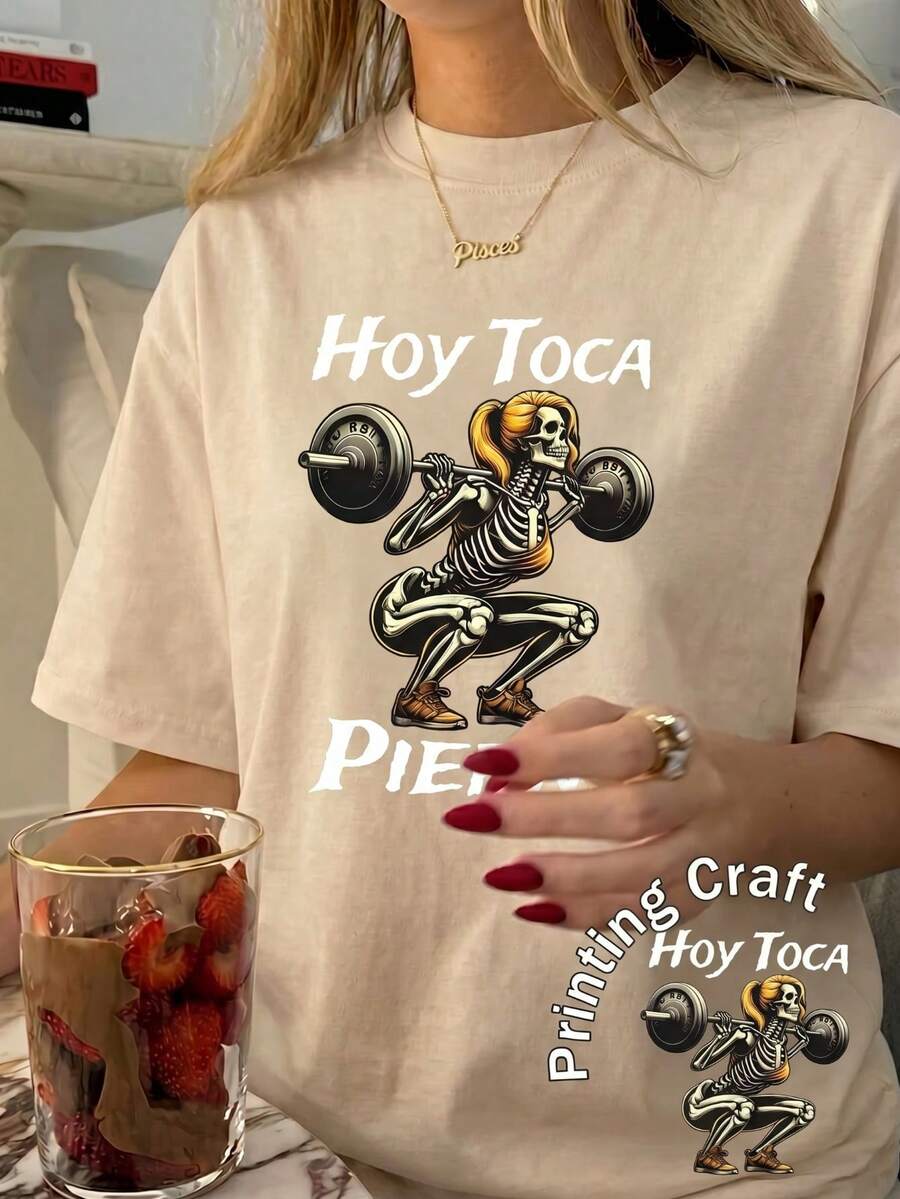 Casual Women's Beige Regular Fit Polyester Round Neck Short Sleeve T-shirt with Funny Skeleton Print