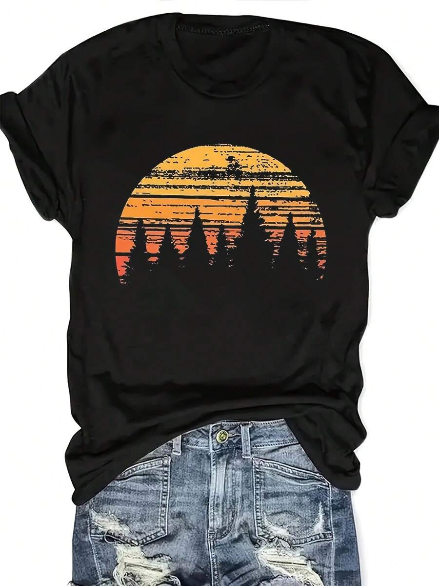 Plus Size Tree Print T-shirt, Casual Short Sleeve Crew Neck Top For Spring & Summer, Women's Plus Size Clothing