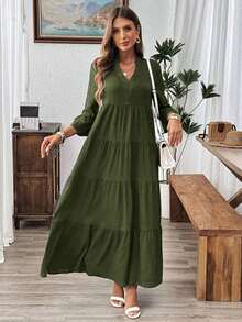 Vestido de vacaciones con mangas acampanadas y volantes en el bajo, unicolor para mujer, atuendos de vacaciones para mujer - Verde militar - Ver 6