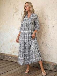 Vestido de vacaciones con mangas acampanadas y volantes en el bajo, unicolor para mujer, atuendos de vacaciones para mujer - Blanco y Negro - Ver 5