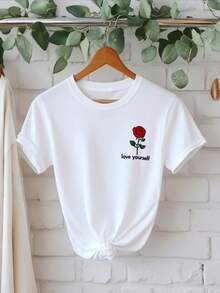 Camiseta blanca sobredimension de las mujeres con el eslogan "Amorte a ti mio" e impresión de rosa - cuello redondo suave de manga corta, camiseta de rión de amor propio, desgaste suelto de toda la tempor, idea de regalo lavable en la máquina (sin acolo en el pecho) - Blanco - Ver 2