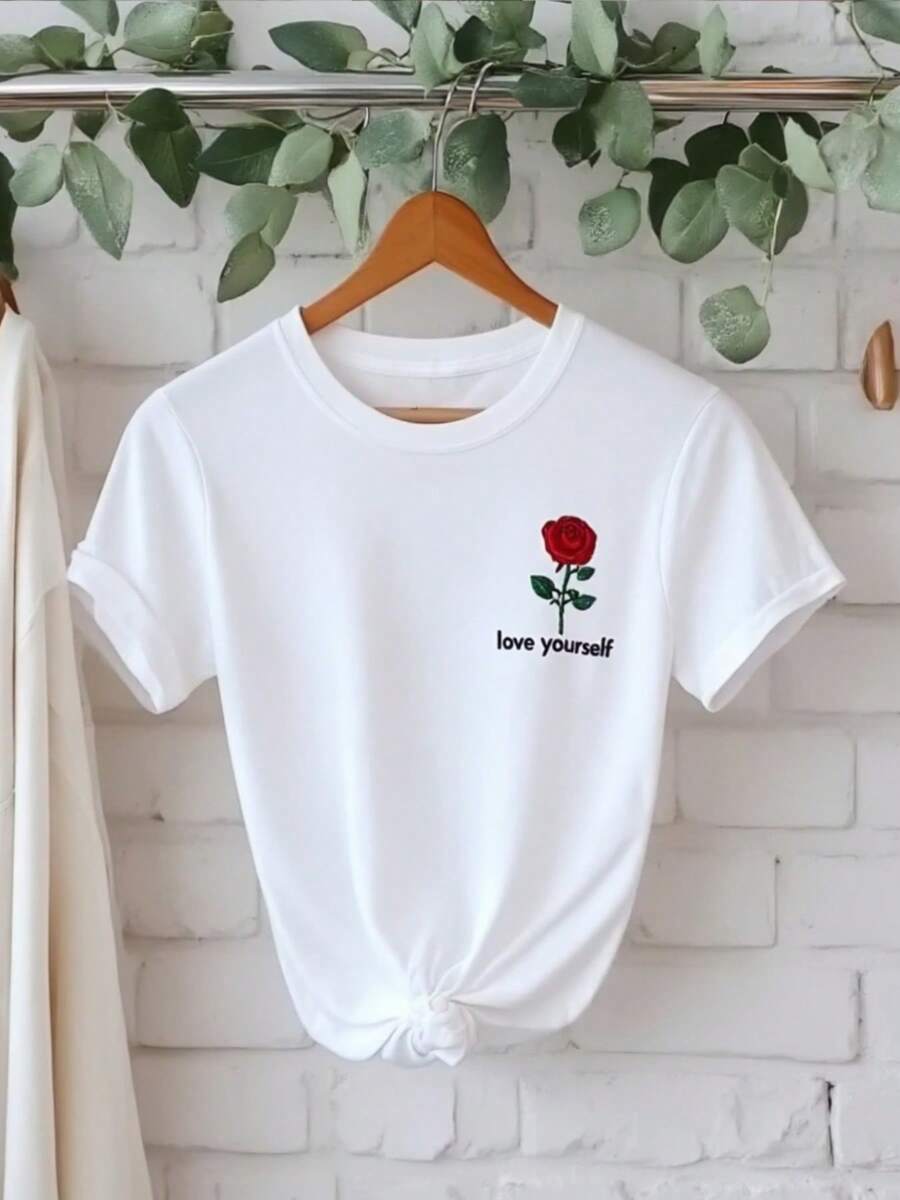 Camiseta blanca sobredimension de las mujeres con el eslogan "Amorte a ti mio" e impresión de rosa - cuello redondo suave de manga corta, camiseta de rión de amor propio, desgaste suelto de toda la tempor, idea de regalo lavable en la máquina (sin acolo en el pecho)
