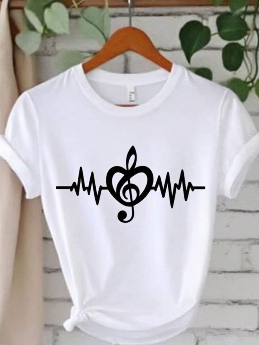 Camiseta de manga corta de las mujeres - Una camiseta blanca con un latido del corazón y estampado de la llave de agudos, hecha de tela suave y elástica, adecu para lavar a máquina, perfectara cualquier tempor, top elegante, ropa de moda, camiseta gráfica con una declaración