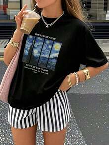 ClassicPlayera estampada con diseño de una pintura famosa, estampado, casual de mujer, cuello redondo, manga corta, para todos los días, llamativa, moderna, holgada, paraí.Summer Tee - Negro - Ver 4