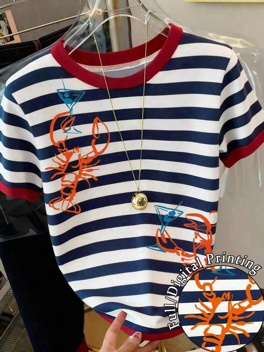 Camiseta casual de mujer de manga corta con cuello redondo, estampado de oso de dibujos animados y rayas - Multicolor 3 - Ver 1