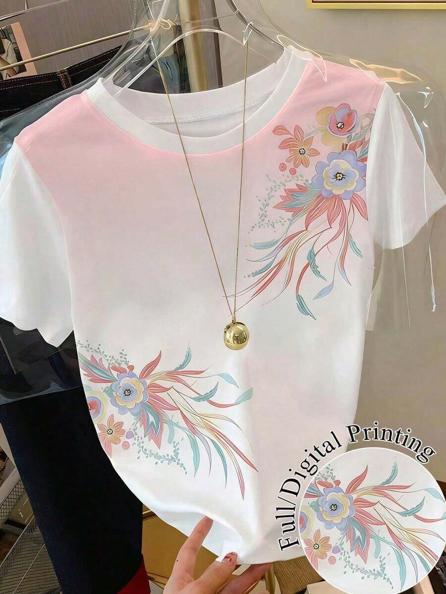 Camiseta de manga corta con cuello redondo y estampado floral diminuto para mujer, de estilo casual de verano - Multicolor 15 - Ver 1