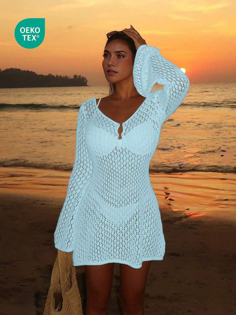 Áo khoác ngoài dài tay khoét lỗ cho nữ, kiểu dáng bohemian thanh lịch, cổ chữ V, chất liệu nhẹ.