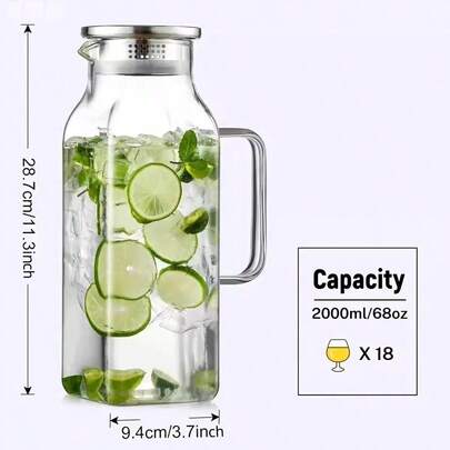 1 bình thủy tinh vuông 2L/68oz có nắp và tay cầm, thích hợp dùng trong tủ lạnh, đựng trà đá và cà phê, chất liệu thủy tinh borosilicate chịu nhiệt, dùng để đựng đồ uống nóng, lạnh và sữa.