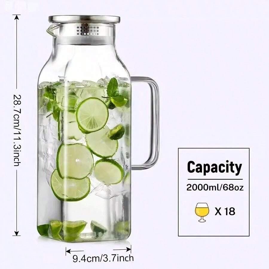 1pc 2L/68oz Square Glass Pitcher With Lid And Handle, Suitable For Refrigerator, Iced Tea And Coffee Pot Beverages, Heat-Resistant Borosilicate Glass Cold & Hot Drink And Milk Pitcher - Multicolor - View 1