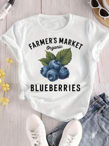 Camiseta de algodón de manga corta para mujer con estampado de arándanos del mercado de agricultores, color blanco puro, cuello redondo informal, corte regular, tela suave y agradable para la piel, cómoda y transpirable, para usar durante todo el año, color base versátil, versátil y llamativa, perfecta para atuendos diarios. - Blanco - Ver 10