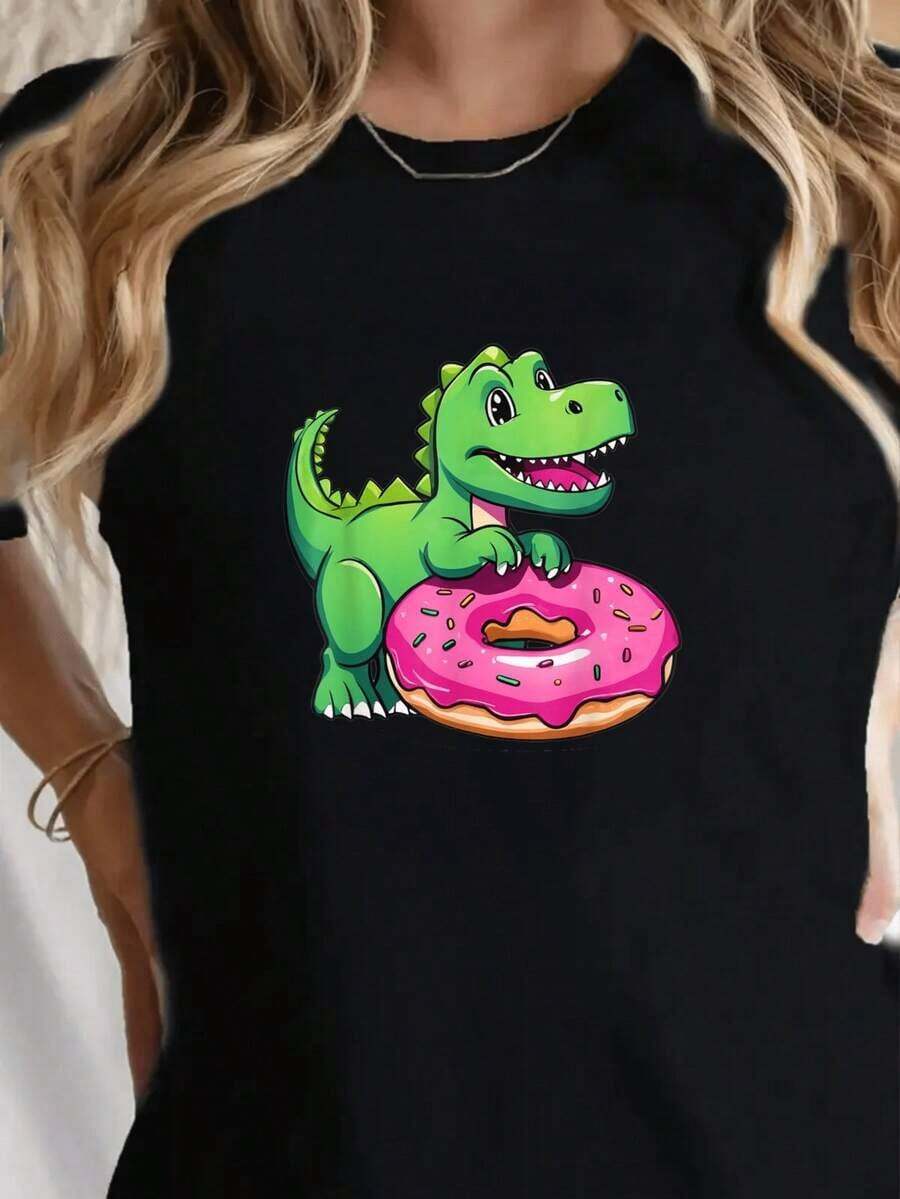 Camiseta de Mujer con Dinosaurio y Donut Divertido Estampado de Dino Comiendo Dona Rosa para Mujeres Moda Casual Verano 2024 Camiseta Blanca con Diseño Kawaii para Adolescentes y Adultas Y2k Camiseta Camisa De - Negro - Ver 1
