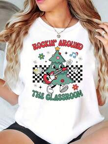 1 pieza de diseño retro de Navidad para profesores, "Rockin Around The Classroom", diseño de camiseta navideña para profesores, "Merry Teacher Png", regalo para profesores, árbol de Navidad, 180g 100% algodón, todos los patrones están impresos. Unisexo. - Negro - Ver 6