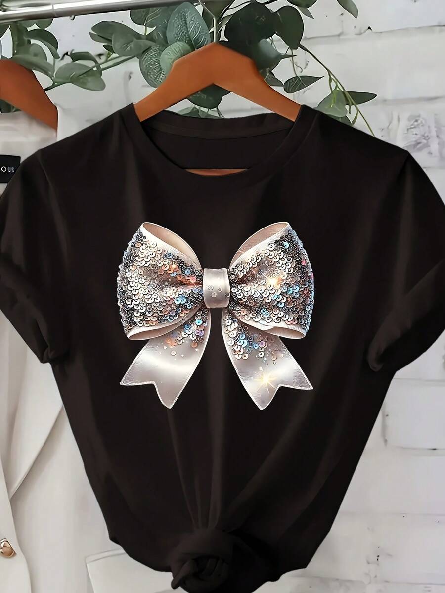 Camiseta de algodón de manga corta para mujer B448 [Camiseta de manga corta con cuello redondo y estampado de lazo de mariposa] - Negro - Ver 1