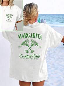 Camiseta de Mujer con Estampado Gráfico Margarita Cocktail Club - 100% Poliéster Ligero 180gsm, Cuello Redondo, Manga Corta, Diseño Vintage 1942, Lavable a Máquina, Camiseta Casual de Verano para Salidas a la Playa y Reuniones Sociales, Estilo Y2k - Blanco - Ver 2
