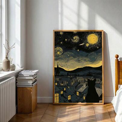 1pc Canvas Poster, Starry Night Cat Art, Vintage Style Wall Decor, Ideal For Living Room, Bedroom, Study, Gift, Canvas Wall Art, Wall Decor, Cat Lover Decor, Room Decor,Canvas Paintings,No Frame