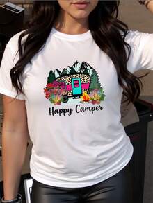 100% Algodón 190g Camiseta para Deporte al Aire Libre y Ocio Feliz excursionista diseño floral Cuello Redondo, Mangas Cortas, Talla Holgada, Talla Plus Casual para damas/mujeres, Transpirable y Cómoda, Tallas S-XXL - Blanco - Ver 1