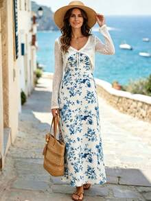 European And American Style Blue And White Porcelain Print Camisole Maxi Dress + Hollow-Out Knit Cardigan 2-Piece Set, Vacation Vibe Slimming Outfit Suitable For Casual Daily And Commuting Wear - Mixed Colors - View 2