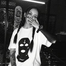 Camiseta blanca de estilo urbano americano, súper moderna, negra, con capucha, estampada, de manga corta, holgada y versátil para el verano. - Camisa blanca de manga corta [mascarilla negra] - Ver 2