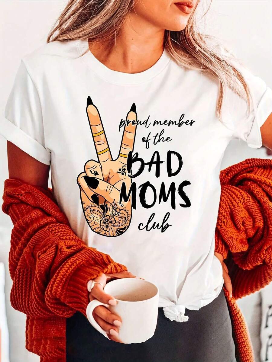 Bad Moms Club Women's Cotton T-Shirt - "Proud Member" Graphic Print With Peace Symbol And Tattoo Design, Short Sleeve, Crew Neck, Casual Style, Machine Washable, Regular Fit, For Summer And Spring, Women's T-Shirts, Spring Clothing, Relaxed Style, Semi-Sheer T-Shirt Y2k - 白色 - 查看 1
