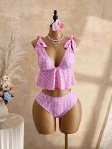 Mod Conjunto de traje de baño de 2 piezas para mujer con top corta de tirantes finos con estampado de cuadros y nudo delantero, y Bottom tipo bikini con cordón en la cintura, para verano - Rosa 2 - Ver 6