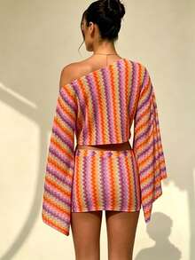 Bộ đồ 2 món Jacquard - Phong cách Bohemian ombre cam & tím, áo crop top cúp ngực tay loe và chân váy ngắn cho nữ. - Nhiều màu - Xem 3