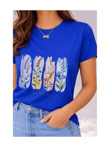 Soft 100% Cotton Short-Sleeved T-Shirt For Women With Watercolor Floral Print And English Phrase, Casual Spiritual Botanical Artistic Design, Breathable Cotton T-Shirt, Goes With Everything, Great. - 藍色 - 查看 2
