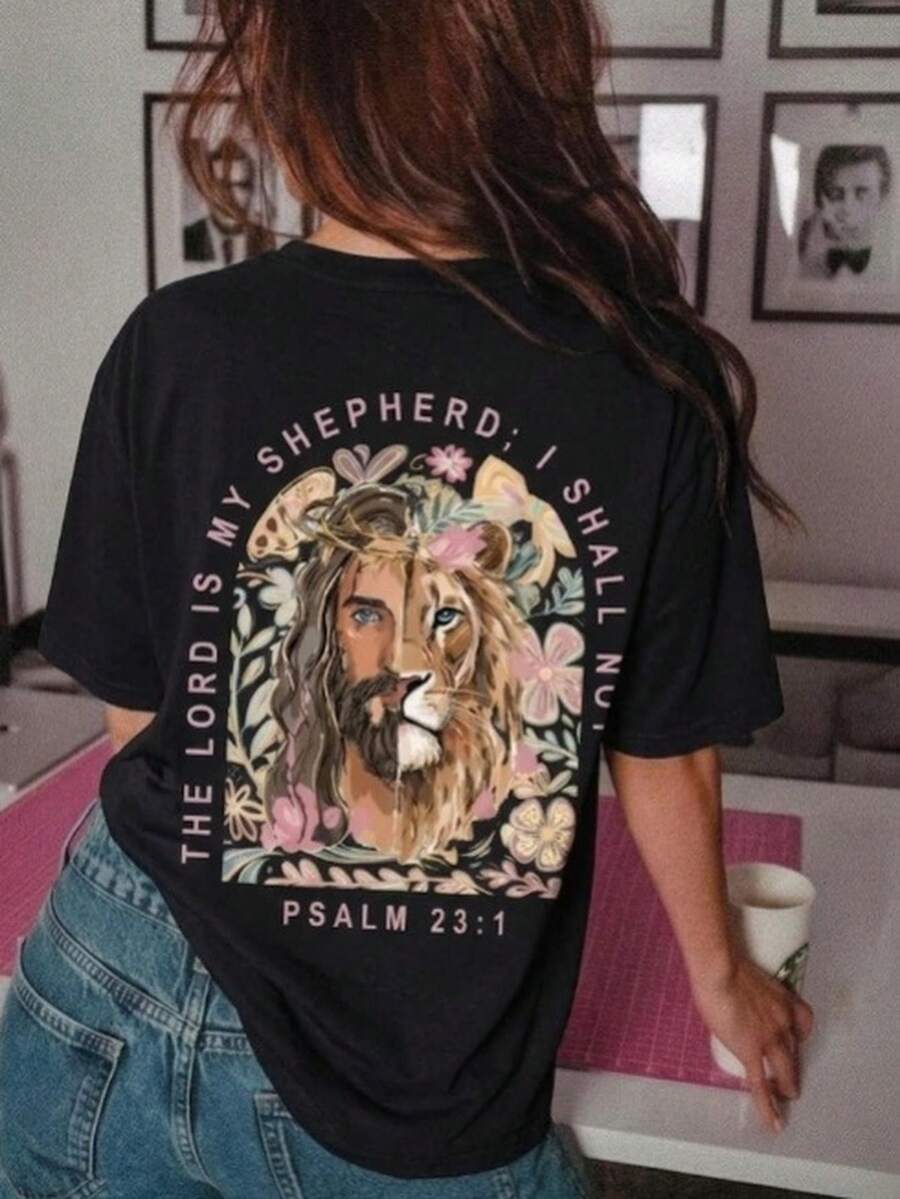 Women's Round Neck Printed Short Sleeve T-Shirt, Casual Loose Fit, Super Soft & Comfortable Fabric, Ins Street Fashion Style, Classic All-Match Graphic Tee, Breathable Lightweight Daily Basic Top, Perfect For Daily Wear, Casual Vacation, Office Commute, Outdoor Going Out, Weekend Gathering, Shopping And Leisure Activities, Ladies Oversized Casual Pullover T-Shirt - 黑色 - 查看 1