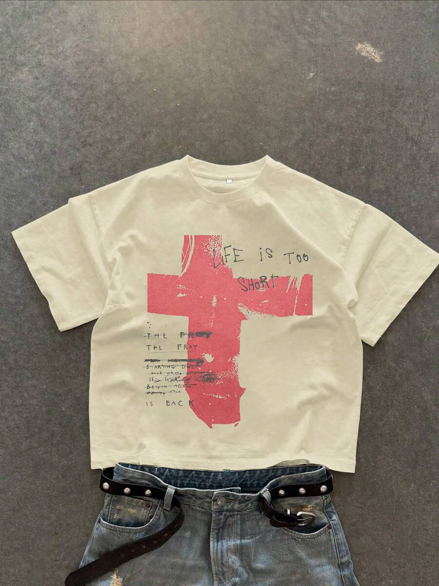 Men's New Fashion Hiphop Letter & Cross Print T-Shirt - Apricot - View 1