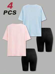 4pcs/Set Teen Girl Fashion Street Style Cartoon Girls Print T-Shirt & Tight-Fitting Printed  Shorts 2 Pieces Outfits, Suitable For Casual Outings - 彩色 - 查看 2