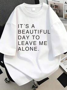 Camiseta gráfica de manga corta talla grande con el eslogan "ES UN HERMOSO DÍA PARA DEJARME EN PAZ", camisetas gráficas para mujer, tops casuales blancos de estilo casual. - Blanco - Ver 1