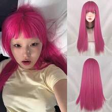 Rose Pink Synthetic Long Straight Hair Wig For Women, Hot Pink Lolita Cosplay Fluffy Heat-Resistant Wig, Suitable For Daily Wear And Parties, Halloween - Hot Pink - View 1
