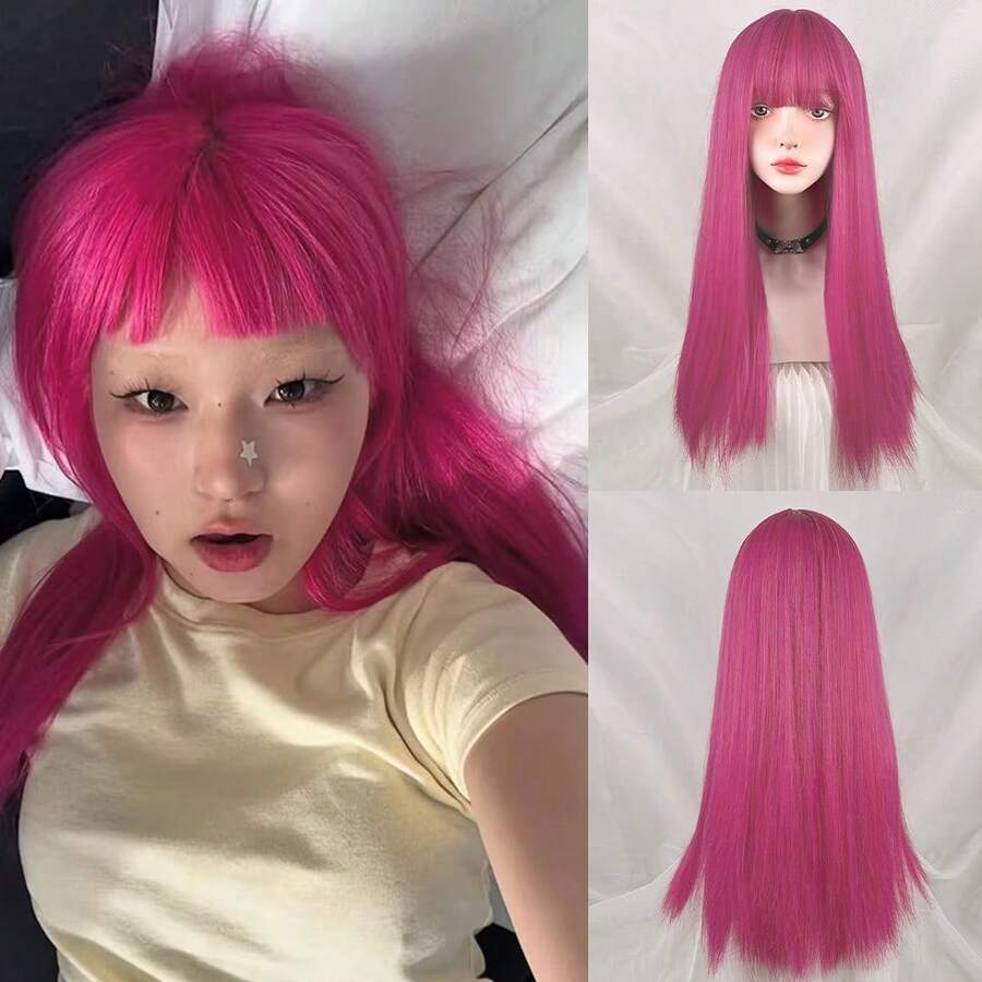 Rose Pink Synthetic Long Straight Hair Wig For Women, Hot Pink Lolita Cosplay Fluffy Heat-Resistant Wig, Suitable For Daily Wear And Parties, Halloween - Hot Pink - View 1