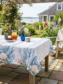 1 Pack Coastal Ocean & Seashell Printed Tablecloth, Blue Coral Starfish Pattern Polyester Table Cover, Nautical Beach Style Round/Oval Tablecloth, Scalloped Edge Wrinkle Resistant Waterproof Anti-Stain Table Protector, Reusable Dustproof Heat Resistant Outdoor Table Sheet - Multicolor - View 2