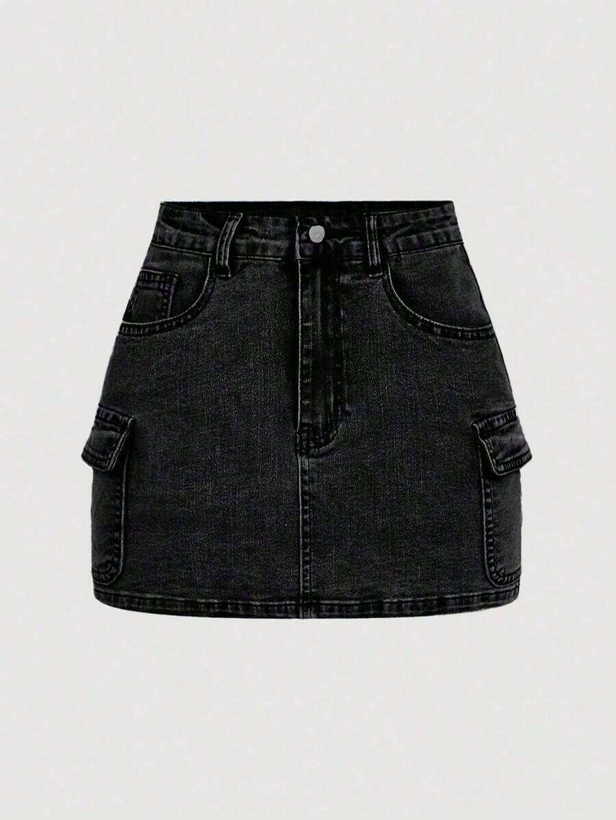 Minifalda casual cargo de mezclilla lavada para mujer - Gris Oscuro - Ver 1