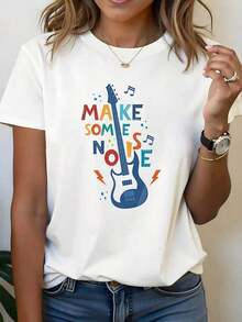 Blouses > Cute Plus Size T-Shirt With Colorful Electric Guitar Print And Musical Text "MAKE SOME NOISE", Short Sleeve And Round Neck, White - Machine Washable, Casual Style, Comfortable Fit, Modern Design, Versatile For Everyday Wear, Soft Fabric, Fashionable Style 100% Cotton 100% Cotton Casual Blouses For Women - 白色的 - 查看 7